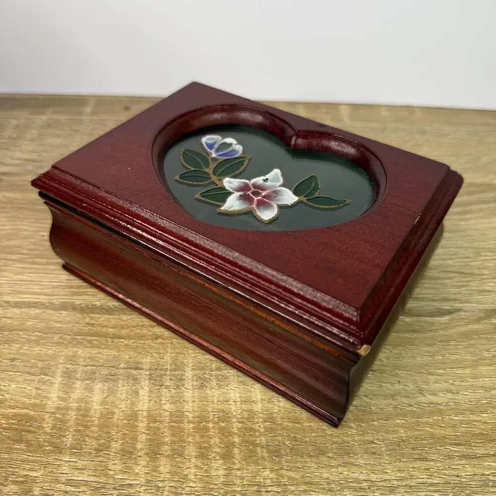 Vintage Cherry Wood Ornate Trinket Box Storage Display Floral